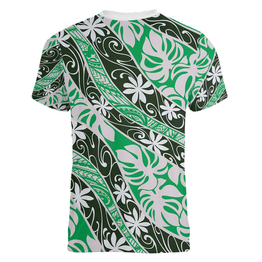 Matie Tahiti Tiare Monstera Women V-Neck T-Shirt Polynesian Pattern Curve Style - Polynesian Pride