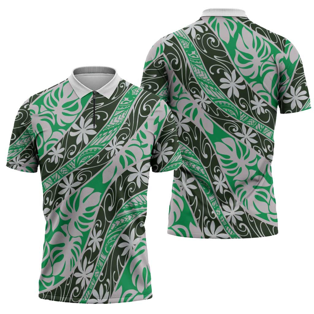 Matie Tahiti Tiare Monstera Zipper Polo Shirt Polynesian Pattern Curve Style - Polynesian Pride