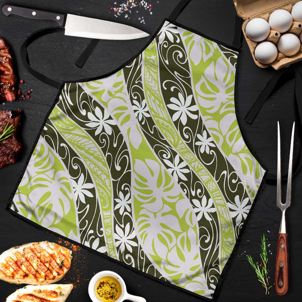 Olive Tahiti Tiare Monstera Apron Polynesian Pattern Curve Style - Polynesian Pride