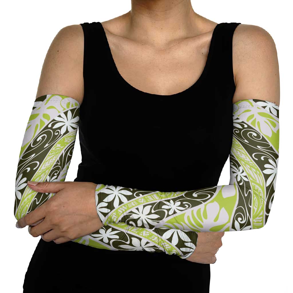 Olive Tahiti Tiare Monstera Arm Sleeves Polynesian Pattern Curve Style - Polynesian Pride