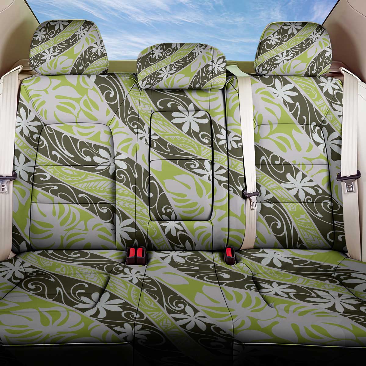Olive Tahiti Tiare Monstera Back Car Seat Cover Polynesian Pattern Curve Style - Polynesian Pride