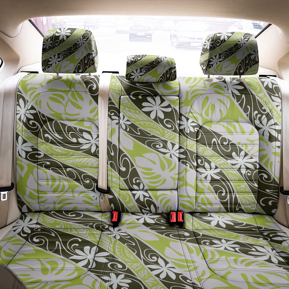 Olive Tahiti Tiare Monstera Back Car Seat Cover Polynesian Pattern Curve Style - Polynesian Pride