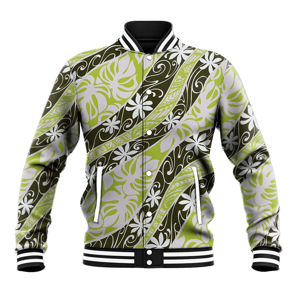 Olive Tahiti Tiare Monstera Baseball Jacket Polynesian Pattern Curve Style - Polynesian Pride