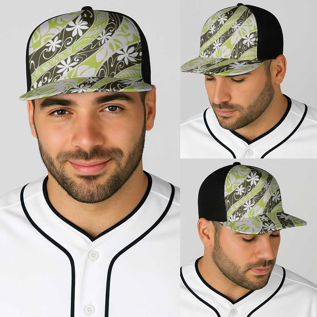 Olive Tahiti Tiare Monstera Baseball Net Cap Polynesian Pattern Curve Style - Polynesian Pride