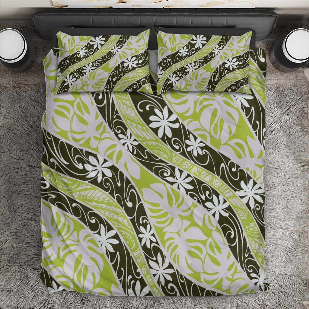 Olive Tahiti Tiare Monstera Bedding Set Polynesian Pattern Curve Style - Polynesian Pride