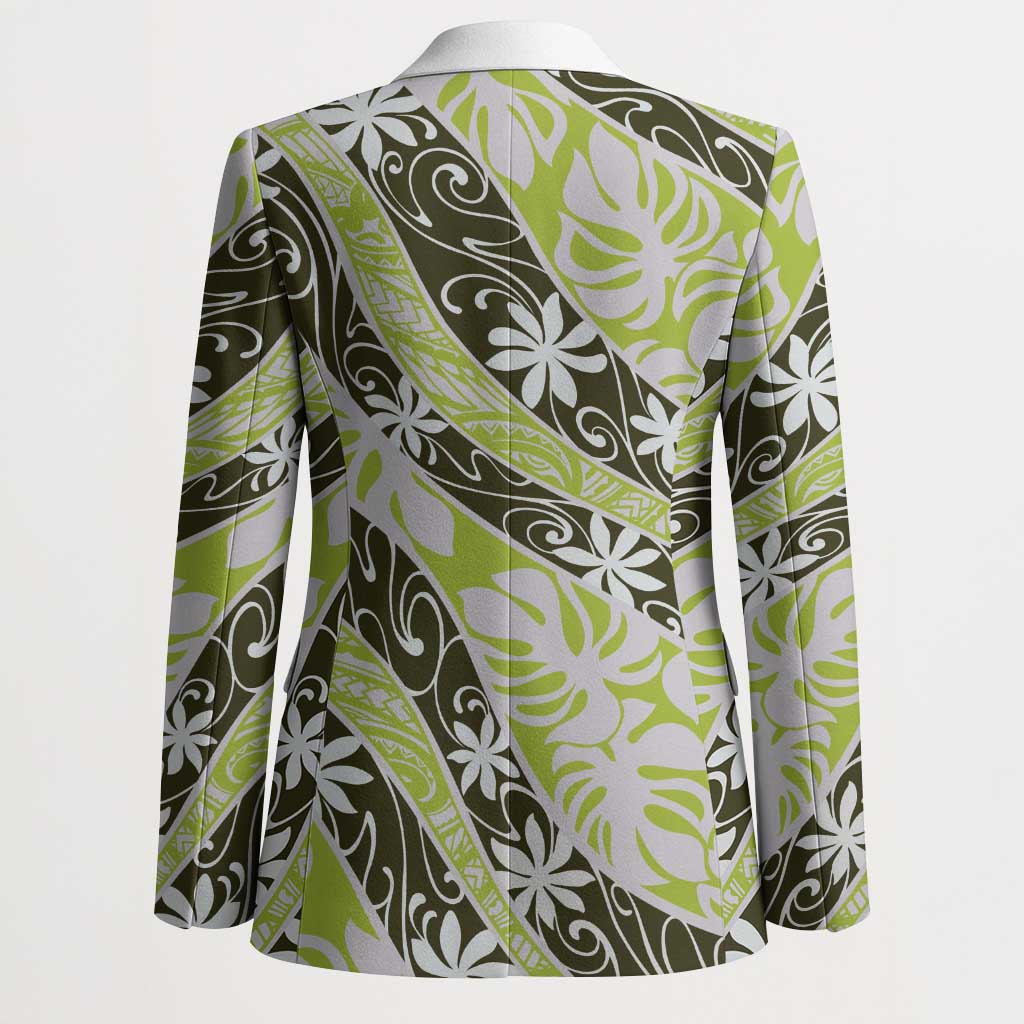 Olive Tahiti Tiare Monstera Blazer Polynesian Pattern Curve Style - Polynesian Pride