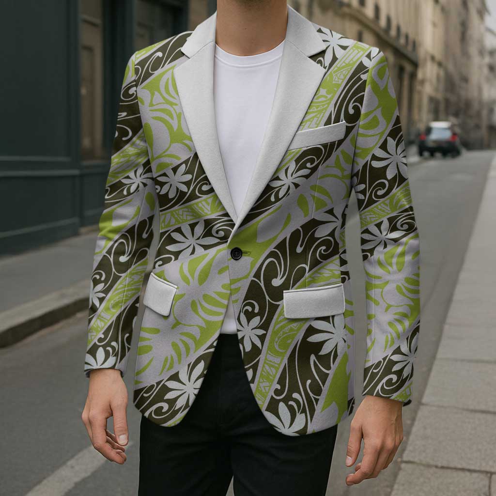 Olive Tahiti Tiare Monstera Blazer Polynesian Pattern Curve Style - Polynesian Pride