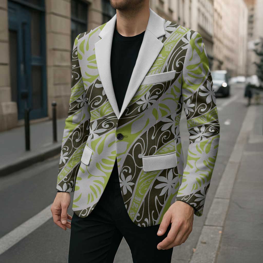 Olive Tahiti Tiare Monstera Blazer Polynesian Pattern Curve Style - Polynesian Pride