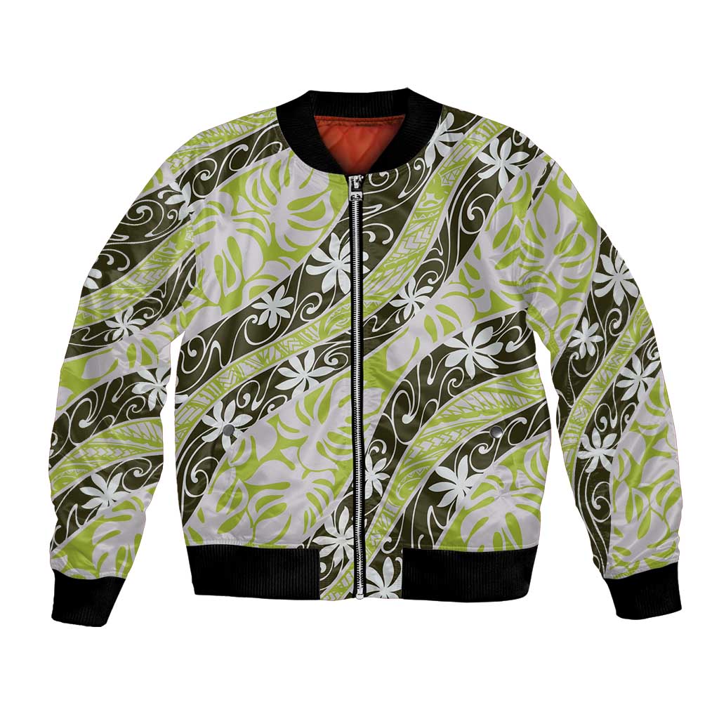 Olive Tahiti Tiare Monstera Bomber Jacket Polynesian Pattern Curve Style - Polynesian Pride