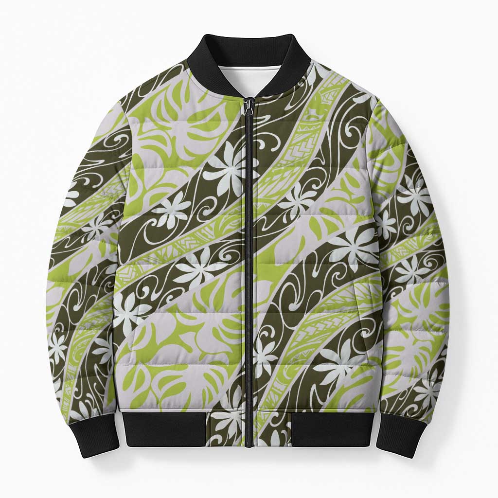Olive Tahiti Tiare Monstera Bomber Puffer Jacket Polynesian Pattern Curve Style - Polynesian Pride