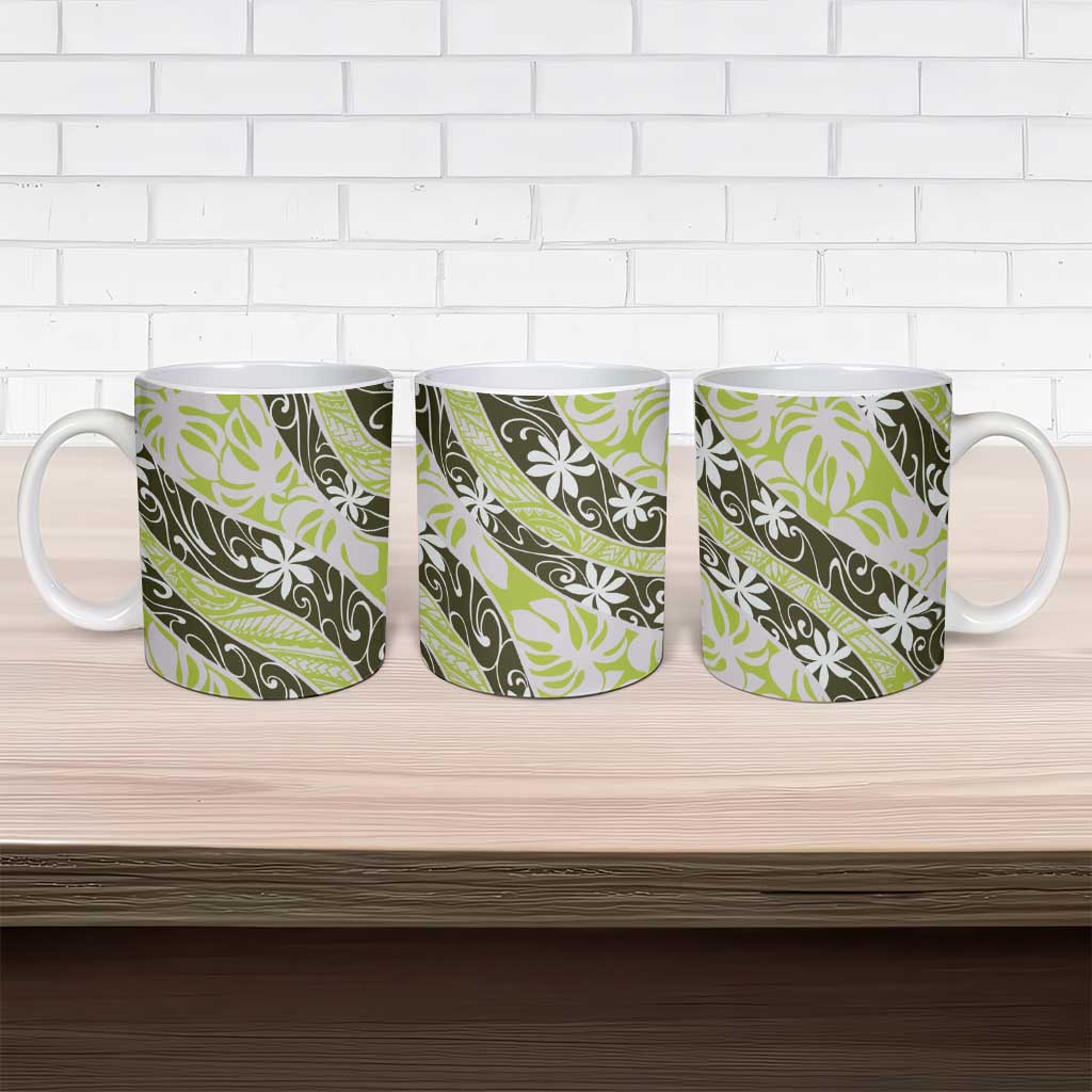Olive Tahiti Tiare Monstera Ceramic Mug Polynesian Pattern Curve Style - Polynesian Pride