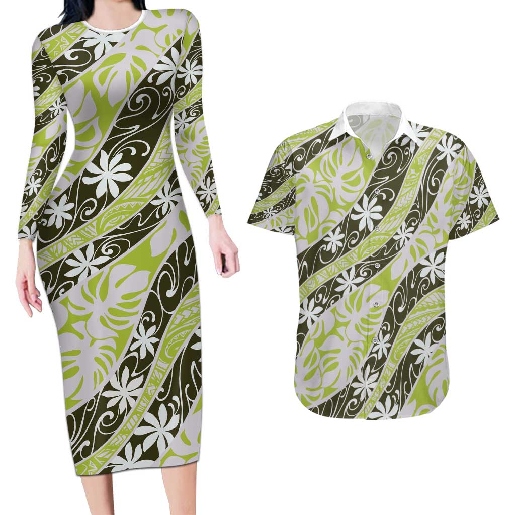 Olive Tahiti Tiare Monstera Couples Matching Long Sleeve Bodycon Dress and Hawaiian Shirt Polynesian Pattern Curve Style - Polynesian Pride