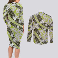 Olive Tahiti Tiare Monstera Couples Matching Long Sleeve Bodycon Dress and Long Sleeve Button Shirt Polynesian Pattern Curve Style - Polynesian Pride