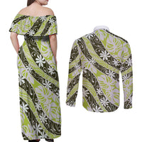 Olive Tahiti Tiare Monstera Couples Matching Off Shoulder Maxi Dress and Long Sleeve Button Shirt Polynesian Pattern Curve Style - Polynesian Pride