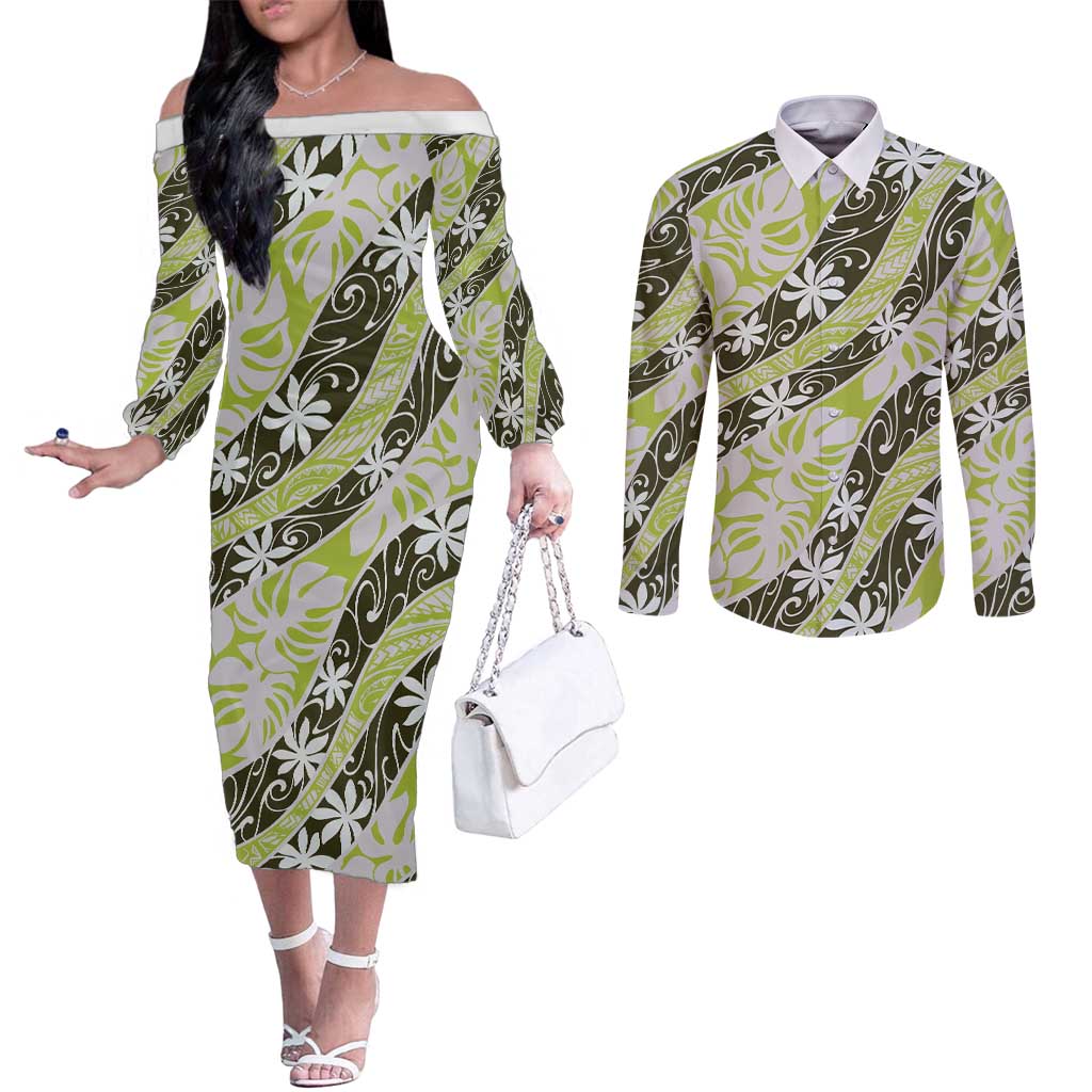 Olive Tahiti Tiare Monstera Couples Matching Off The Shoulder Long Sleeve Dress and Long Sleeve Button Shirt Polynesian Pattern Curve Style - Polynesian Pride