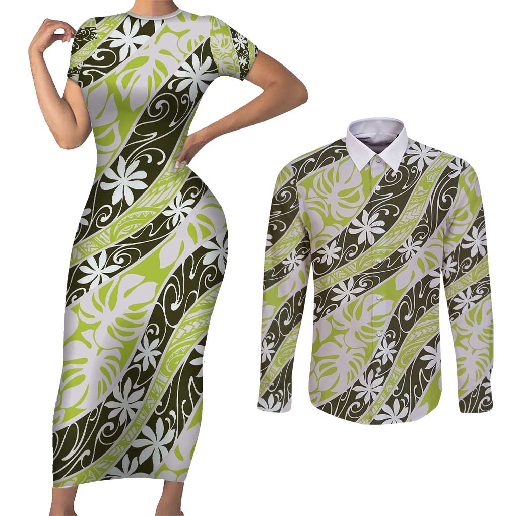 Olive Tahiti Tiare Monstera Couples Matching Short Sleeve Bodycon Dress and Long Sleeve Button Shirt Polynesian Pattern Curve Style - Polynesian Pride