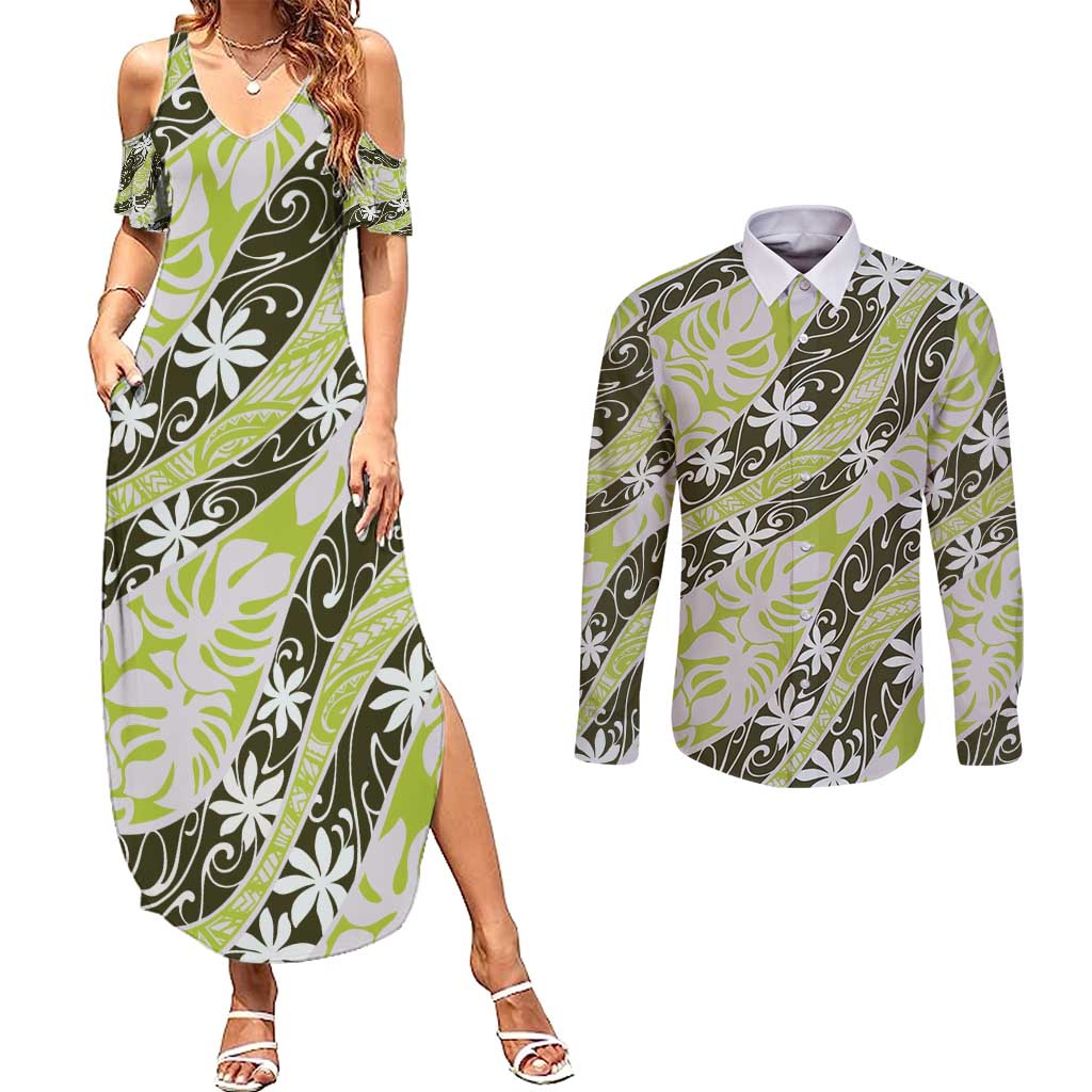 Olive Tahiti Tiare Monstera Couples Matching Summer Maxi Dress and Long Sleeve Button Shirt Polynesian Pattern Curve Style - Polynesian Pride