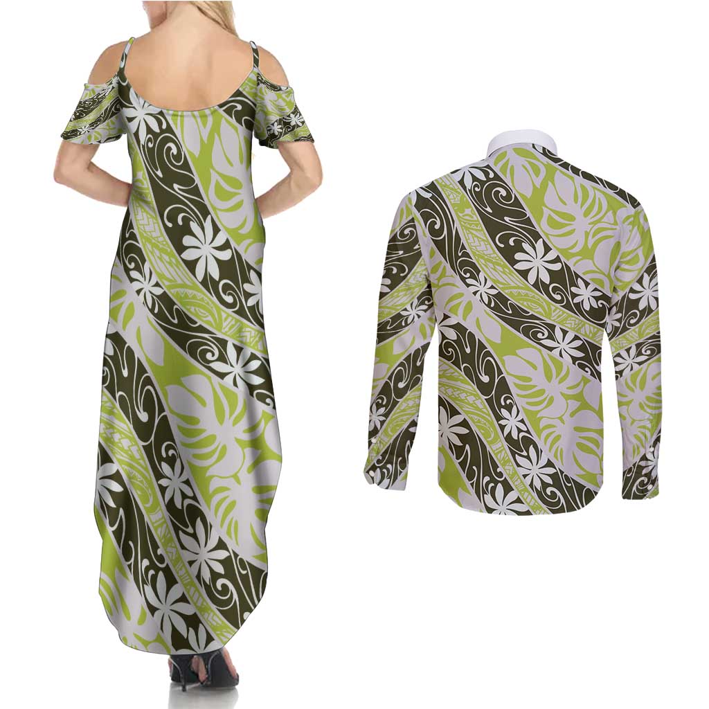 Olive Tahiti Tiare Monstera Couples Matching Summer Maxi Dress and Long Sleeve Button Shirt Polynesian Pattern Curve Style - Polynesian Pride