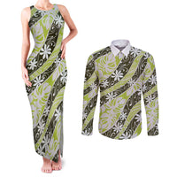 Olive Tahiti Tiare Monstera Couples Matching Tank Maxi Dress and Long Sleeve Button Shirt Polynesian Pattern Curve Style - Polynesian Pride