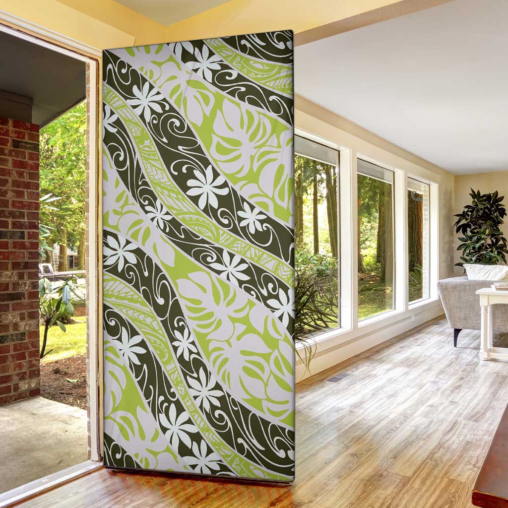 Olive Tahiti Tiare Monstera Door Cover Polynesian Pattern Curve Style - Polynesian Pride