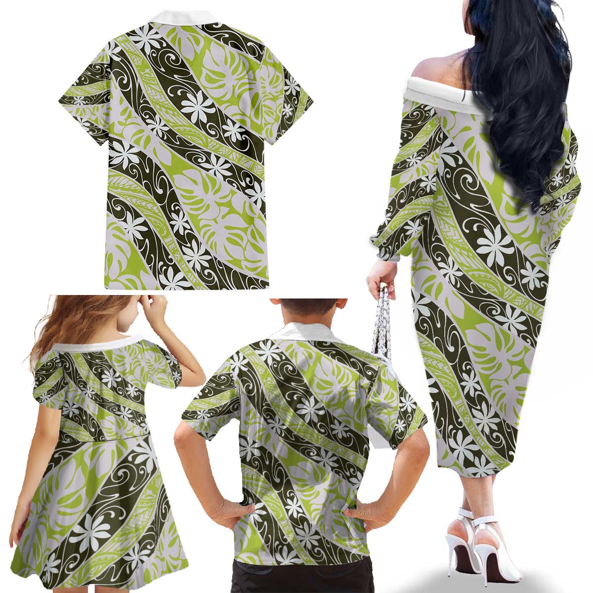 Olive Tahiti Tiare Monstera Family Matching Off The Shoulder Long Sleeve Dress and Hawaiian Shirt Polynesian Pattern Curve Style - Polynesian Pride