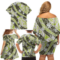 Olive Tahiti Tiare Monstera Family Matching Off Shoulder Short Dress and Hawaiian Shirt Polynesian Pattern Curve Style - Polynesian Pride