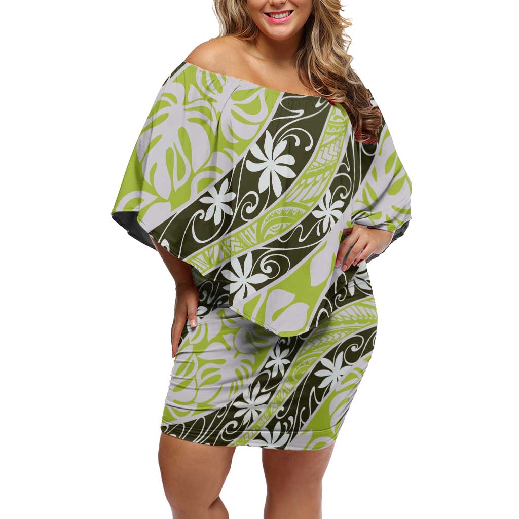 Olive Tahiti Tiare Monstera Family Matching Off Shoulder Short Dress and Hawaiian Shirt Polynesian Pattern Curve Style - Polynesian Pride