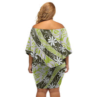 Olive Tahiti Tiare Monstera Family Matching Off Shoulder Short Dress and Hawaiian Shirt Polynesian Pattern Curve Style - Polynesian Pride