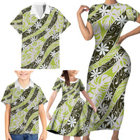 Olive Tahiti Tiare Monstera Family Matching Short Sleeve Bodycon Dress and Hawaiian Shirt Polynesian Pattern Curve Style - Polynesian Pride