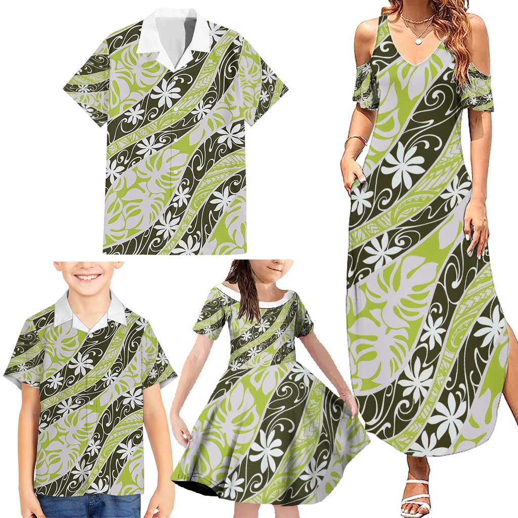 Olive Tahiti Tiare Monstera Family Matching Summer Maxi Dress and Hawaiian Shirt Polynesian Pattern Curve Style - Polynesian Pride