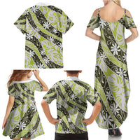 Olive Tahiti Tiare Monstera Family Matching Summer Maxi Dress and Hawaiian Shirt Polynesian Pattern Curve Style - Polynesian Pride