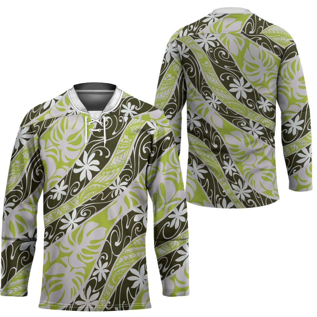 Olive Tahiti Tiare Monstera Hockey Jersey Polynesian Pattern Curve Style - Polynesian Pride