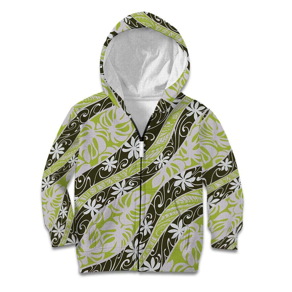 Olive Tahiti Tiare Monstera Kid Hoodie Polynesian Pattern Curve Style - Polynesian Pride