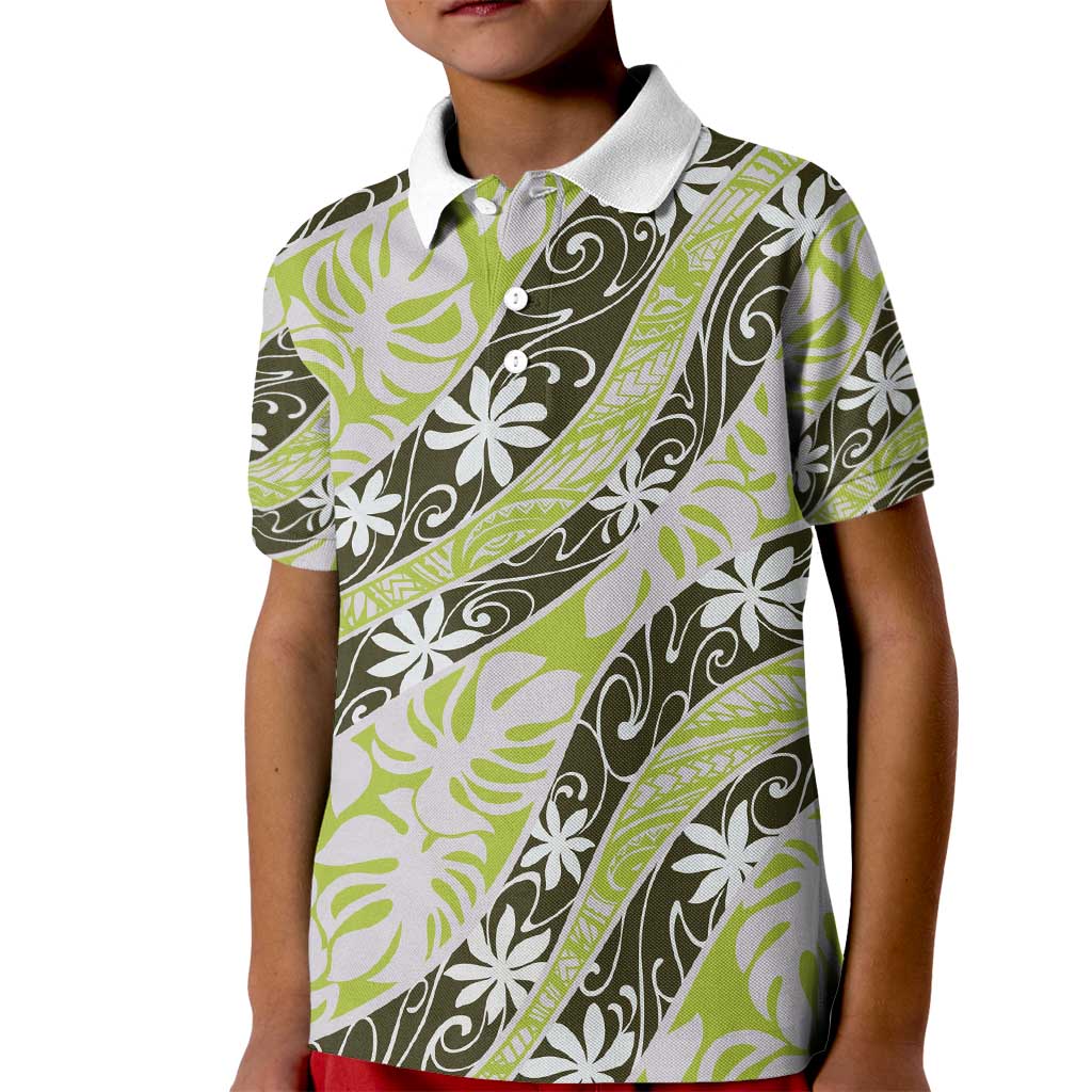 Olive Tahiti Tiare Monstera Kid Polo Shirt Polynesian Pattern Curve Style - Polynesian Pride