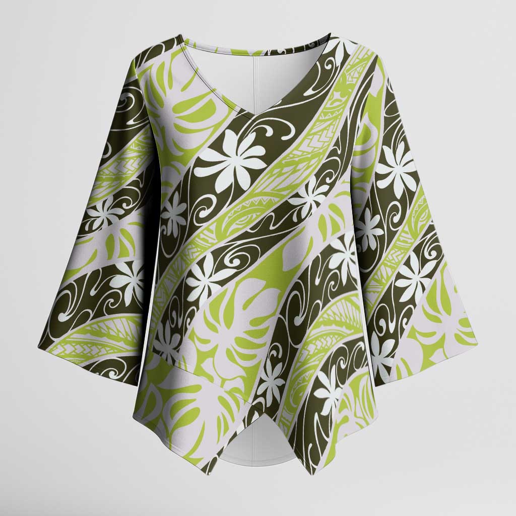Olive Tahiti Tiare Monstera Kimono Sleeve Blouse Polynesian Pattern Curve Style - Polynesian Pride