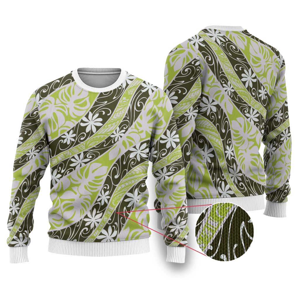 Olive Tahiti Tiare Monstera Ugly Christmas Sweater Polynesian Pattern Curve Style - Polynesian Pride