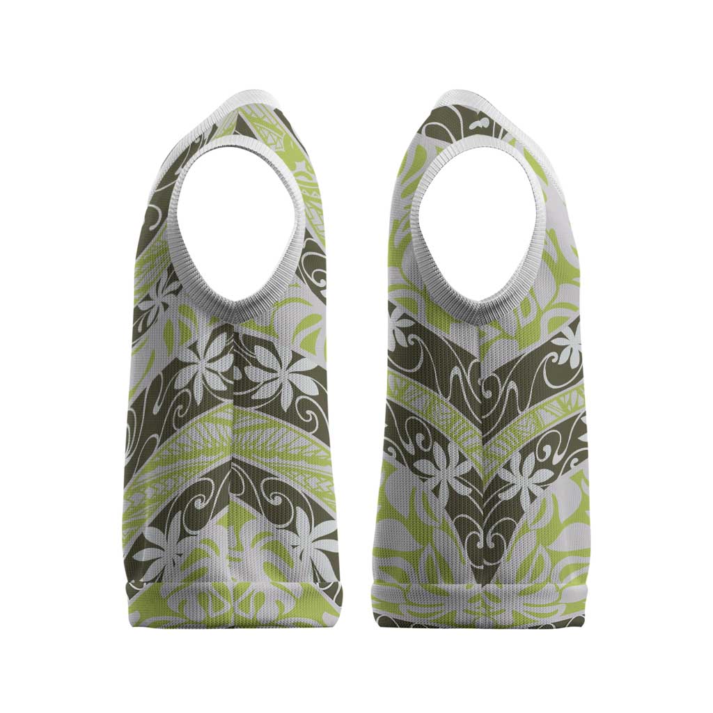 Olive Tahiti Tiare Monstera Christmas Knitted V-Neck Vest Polynesian Pattern Curve Style - Polynesian Pride