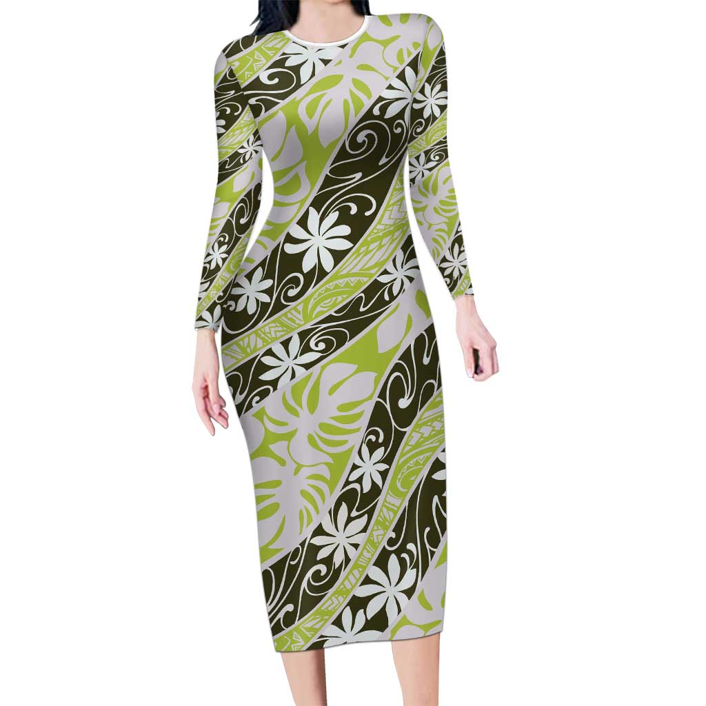 Olive Tahiti Tiare Monstera Long Sleeve Bodycon Dress Polynesian Pattern Curve Style - Polynesian Pride
