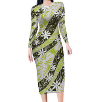 Olive Tahiti Tiare Monstera Long Sleeve Bodycon Dress Polynesian Pattern Curve Style - Polynesian Pride