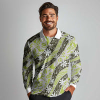Olive Tahiti Tiare Monstera Long Sleeve Polo Shirt Polynesian Pattern Curve Style - Polynesian Pride