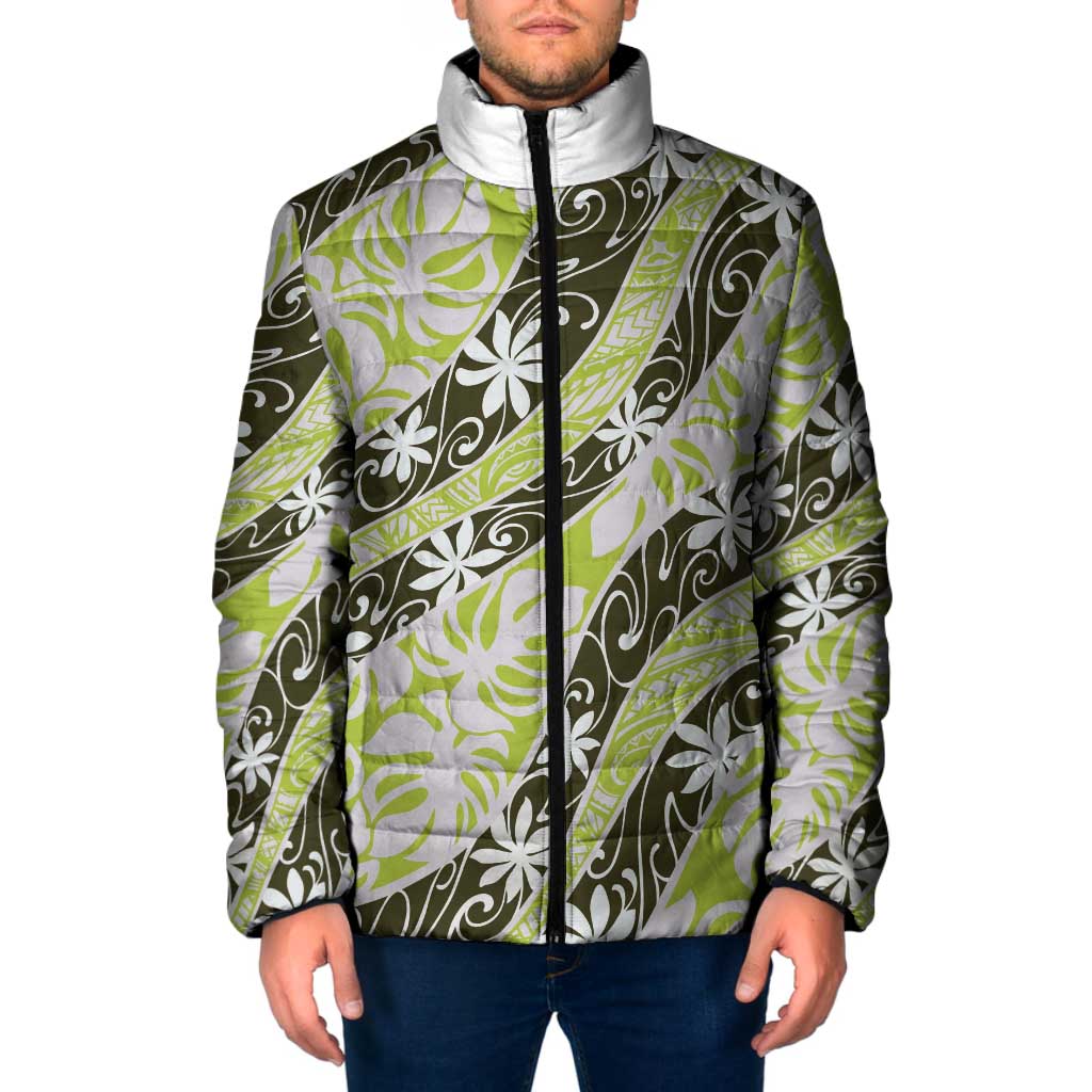 Olive Tahiti Tiare Monstera Padded Jacket Polynesian Pattern Curve Style - Polynesian Pride