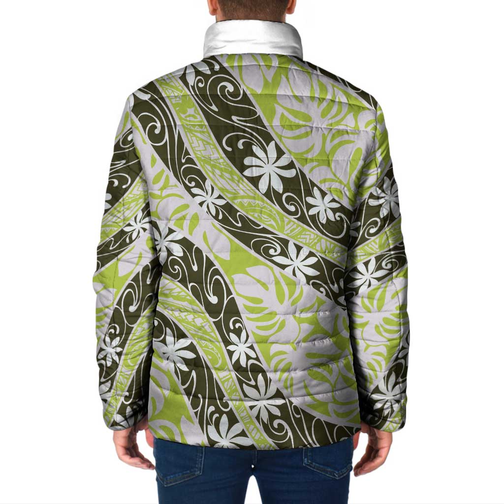 Olive Tahiti Tiare Monstera Padded Jacket Polynesian Pattern Curve Style - Polynesian Pride