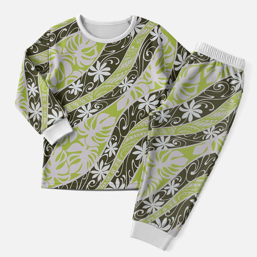 Olive Tahiti Tiare Monstera Christmas Pajama Set Polynesian Pattern Curve Style - Polynesian Pride