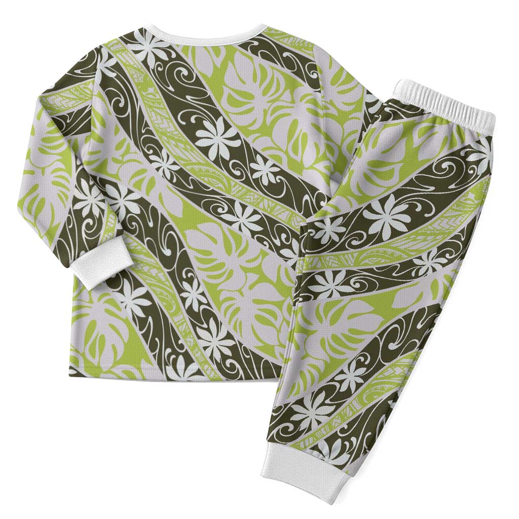 Olive Tahiti Tiare Monstera Christmas Pajama Set Polynesian Pattern Curve Style - Polynesian Pride