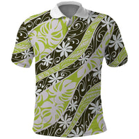 Olive Tahiti Tiare Monstera Polo Shirt Polynesian Pattern Curve Style - Polynesian Pride