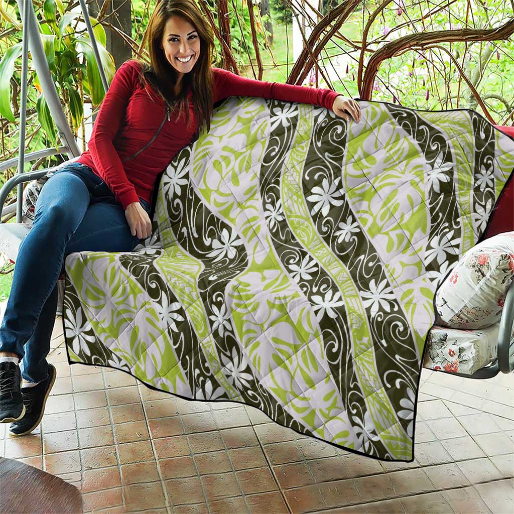 Olive Tahiti Tiare Monstera Quilt Polynesian Pattern Curve Style - Polynesian Pride