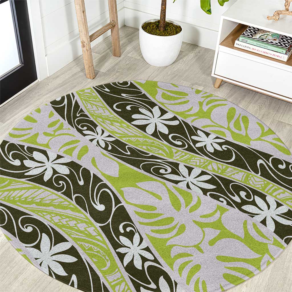 Olive Tahiti Tiare Monstera Round Carpet Polynesian Pattern Curve Style - Polynesian Pride