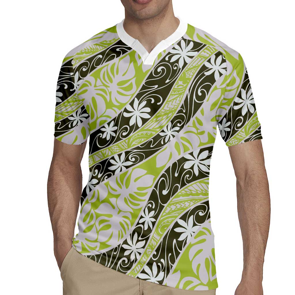 Olive Tahiti Tiare Monstera Rugby Jersey Polynesian Pattern Curve Style - Polynesian Pride