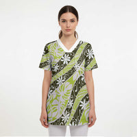 Olive Tahiti Tiare Monstera Scrub Top Polynesian Pattern Curve Style - Polynesian Pride