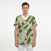 Olive Tahiti Tiare Monstera Scrub Top Polynesian Pattern Curve Style - Polynesian Pride